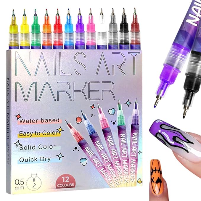 12 Colors Nail Art Pens Set, Nail Art Markers Polish Pen for 3D Nail Art, Drawing Painting Liner Brush for DIY Nail Art Beauty Adorn Manicure Tools (1 Set)