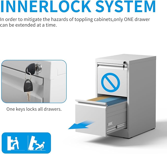 2 Drawer File Cabinet with Lock, Metal Vertical Filing Cabinet for Home Office, Narrow Locking Steel File Cabinets with Drawers, Storage for Legal/Letter/A4/F4, Easy Assemble (White)