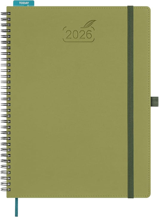 BEZEND 2026 Planner Weekly and Monthly (8.5" x 11" Spiral) Daily Calendar with Half-Hourly Timeslots & Tab (Jan-Dec) Note & Expenses, Pen Holder, Inner Pocket, Vegan Leather Softcover - Kiwi