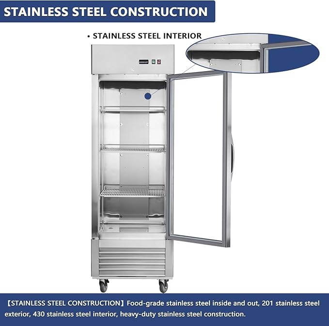 Merax Merex Commercial Refrigerator 27" W 1 Glass Door Stainless Steel Interior and Exterior Construction Upright Fan Cooling Reach-in Merchandising 18.68 Cu.ft, Silver