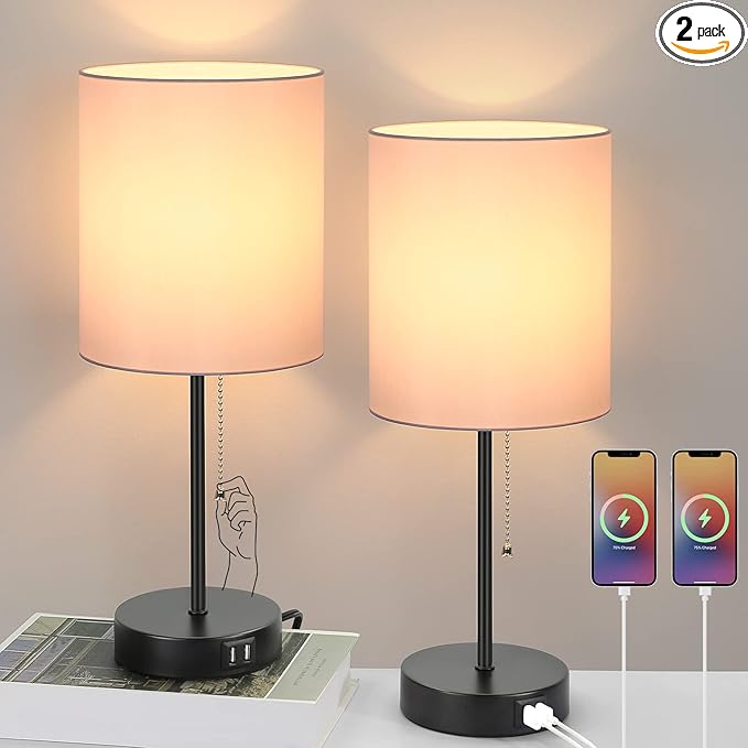 Table Lamps Set of 2 with USB Charging Ports, Pink Bedside Lamps with AC Outlet, Nightstand Lamps with Pull Chain Switch, Minimalist Modern Desk Lamps with Fabric Shade for Living Room Bedroom Office