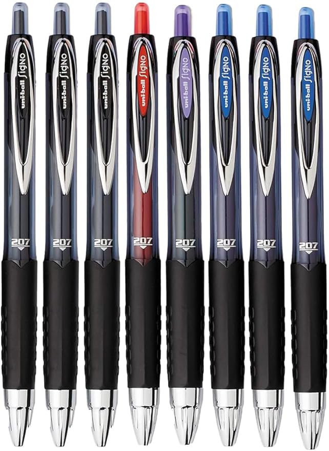 Signo 207 Roller Ball Retractable Gel Pens, Medium Point (0.7mm), Black Blue Red And Purple Ink, 8 Count, Bundle with Plastic Reusable Pouch