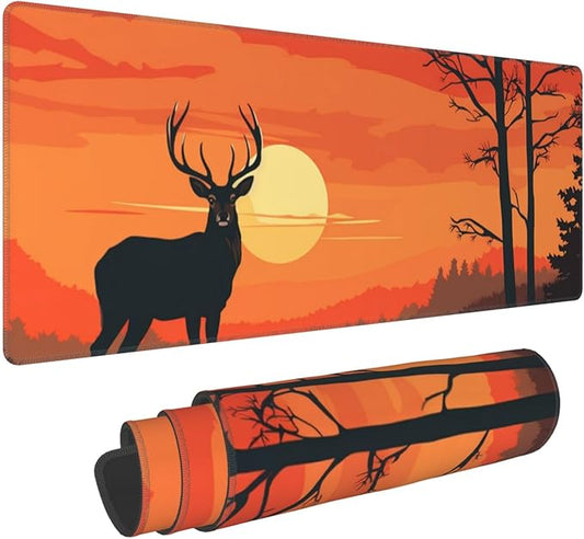 Large Size Sunset with a Silhouetted stag Print Gaming Mouse Pad 31.5 x 12 Inch, Stitched Edges, Anti-Slip Base, Waterproof Surface