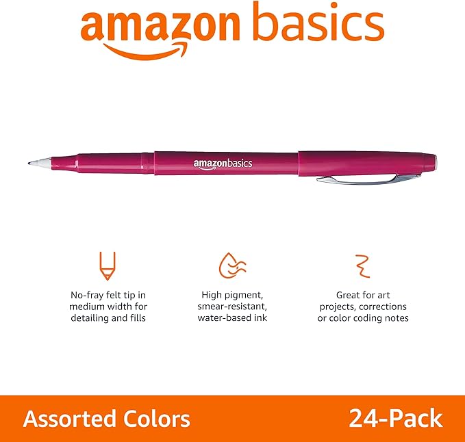 Amazon Basics Felt Tip Marker Pens, Versatile for Writing, Drawing, and Journaling, Assorted Colors, 24-Pack