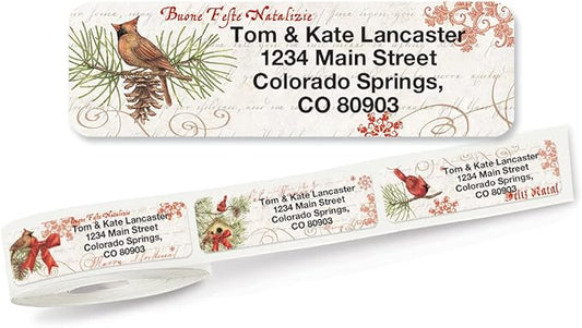 Joyelle Christmas Rolled Personalized Return Address Mailing Labels with Dispenser, Set of 250, 5 Designs, Small ¾ x 2½ Inch Size, Custom Self-Adhesive Sticker Roll, by Colorful Images