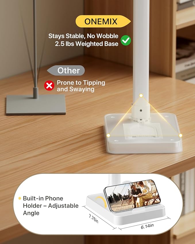 ONEMIX 42" LED Desk Lamp for Home Office, Eye-Caring Desk Light with Adjustable 4-Segment Bar, 1800LM Bright, Remote, Architect Table Lamp with Base for Dual Monitors, Reading, Study, Workbench(White)