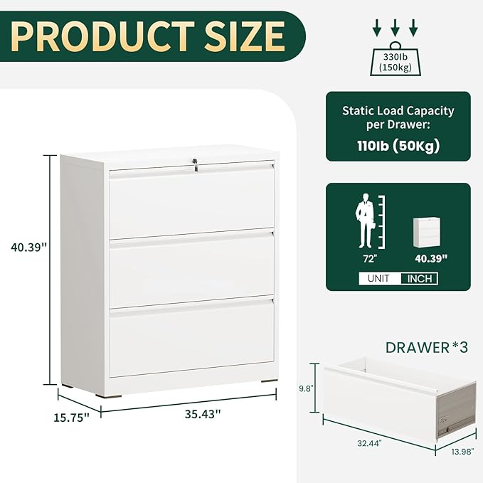 Lateral File Cabinet with Lock, 3 Drawer Metal File Cabinets for Home Office, Large Filing Storage Cabinet Printer Stand, Steel Wide File Cabinet for Legal/A4/F4/Letter Size Files, White