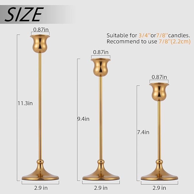 Metal Candle Holder Taper Candlestick Holders for Candle Sticks Vintage Candelabra for Halloween Thanksgiving Christmas (Gold, 1 Set (3 pcs))