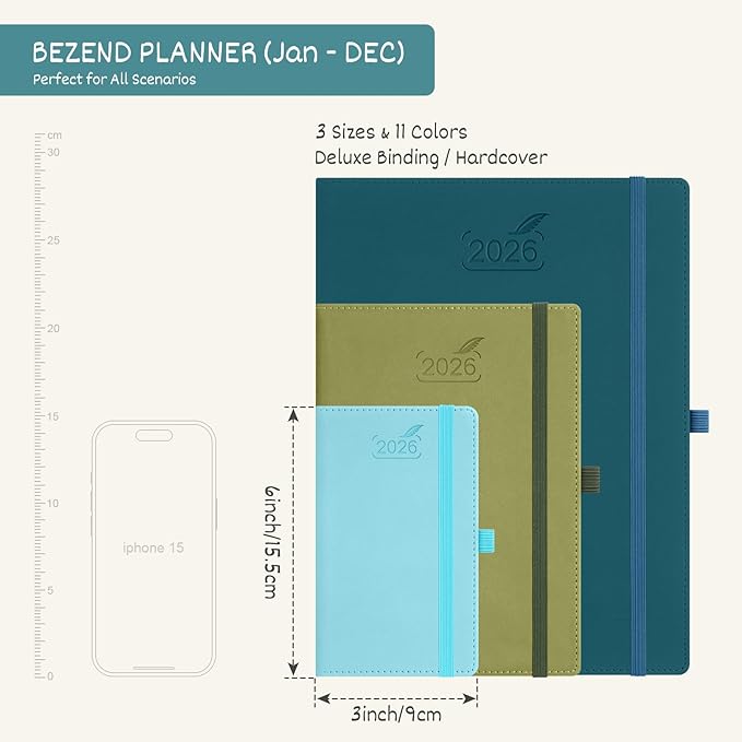 BEZEND Pocket Calendar 2026 Weekly and Monthly (3.5" x 6") Small Daily Planner for Purse (Jan-Dec) with Notes & Expenses, Inner Pocket, Pen Holder, Vegan Leather Hardcover - Blueberry