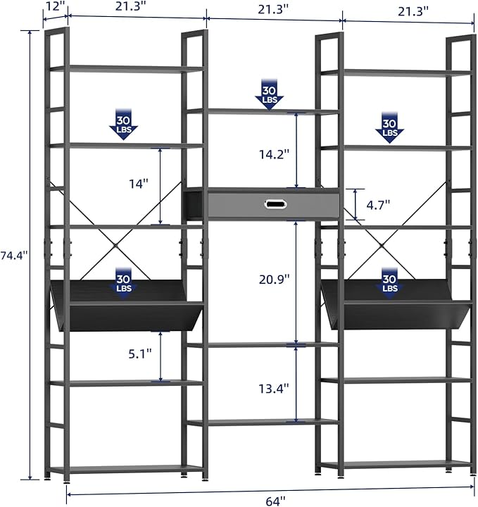 NUMENN Bookcases and Bookshelves Triple Wide 6 Tier Bookshelf, Large Etagere Bookshelf with Storage Drawer, Adjustable Open Display Shelves for Living Room Bedroom Home Office, Black
