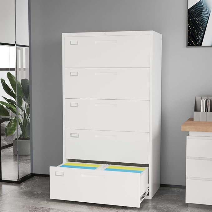 Lateral File Cabinet with 5 Drawers - White Metal Steel Filling Cabinets for Home Office - Lockable Storage Cabinet for Hanging Files Letter/Legal/F4/A4 Size-Assembly Required