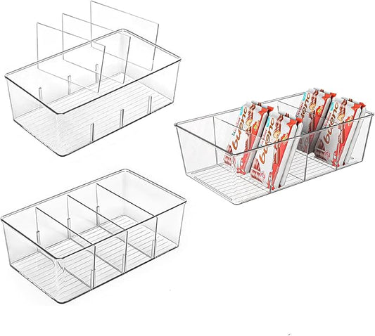 Pantry Organizers and Storage,Kitchen Organizers and Storage for Fridge,Drawer and Refrigerator - Spice Organization for Cabinet,Clear Plastic Stackable Storage Organizer Bins with 3 Dividers (3 Pcs)