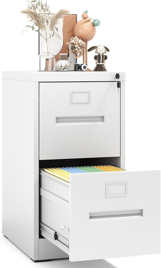 2 Drawer File Cabinet with Lock, Metal Vertical Filing Storage Cabinet for Home Office, Steel Vertical File Cabinets for Legal/Letter File Folders, Easy Assemble (White)