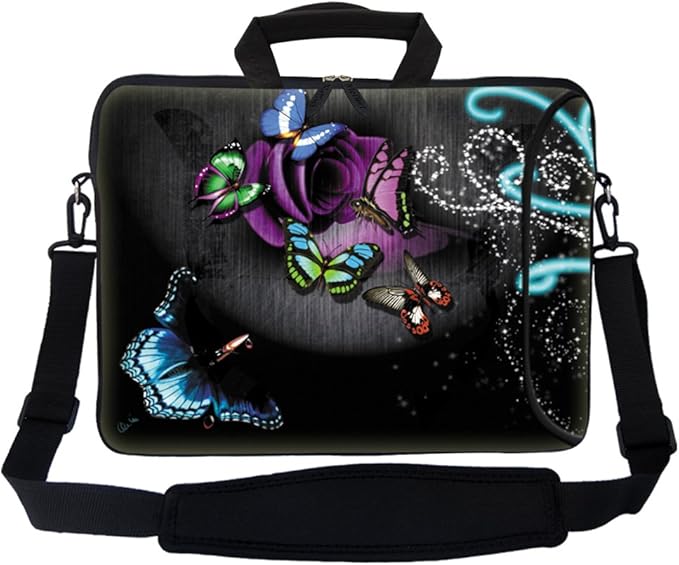 Meffort Inc 17 Inch Neoprene Laptop Bag with Extra Side Pocket, Soft Carrying Handle & Removable Shoulder Strap Fit 16" to 17.3" Size - Gray Butterfly
