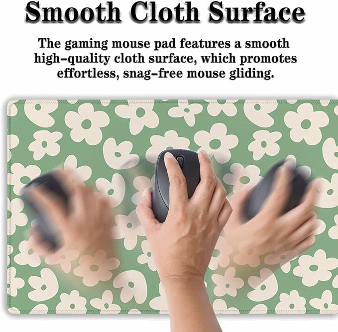 Large Gaming Mouse Pad - Green Keyboard Mouse Pads with Non-Slip Rubber Base, 35.4" X 15.7" for Game Office, Groovy Flowers