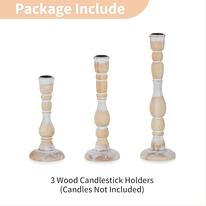 NUPTIO Candlestick Holders Wood for Home: Set of 3 Tall Farmhouse Taper Candle Holders Mantel Decor