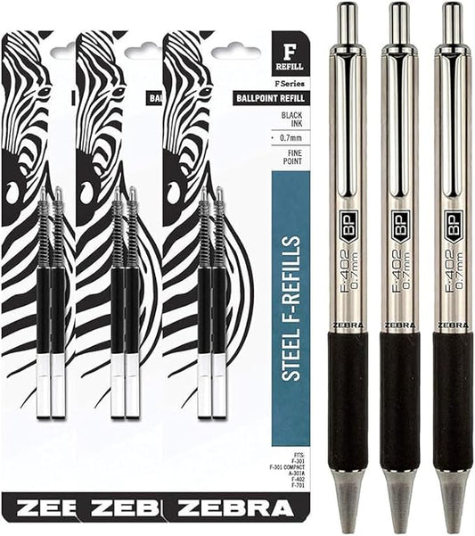 Zebra F-402 Ballpoint Stainless Steel Retractable Pens With Refills, Fine Point, 0.7mm, Black Ink, 6-Count Bundle with Plastic Reusable Pouch