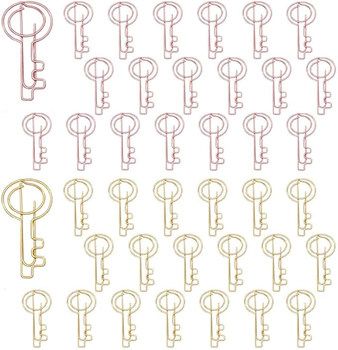 OWLFAVO 40pcs Key Shape Paper Clips with Clear Box, Rose Gold and Yellow Gold, Funny Cute Paperclips Bookmarks Planner Clips for Fun Office Supplies School Gifts Wedding Decoration