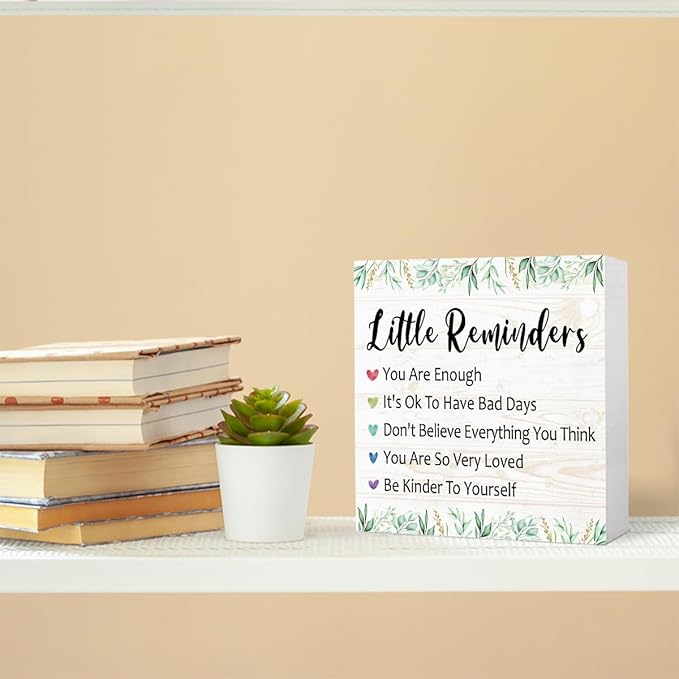 Little Reminders Desk Sign, Inspirational Decor, Morning Reminders Wooden Block Sign for Tabletop Shelf, College Motivational Positive Affirmation Gifts for Women