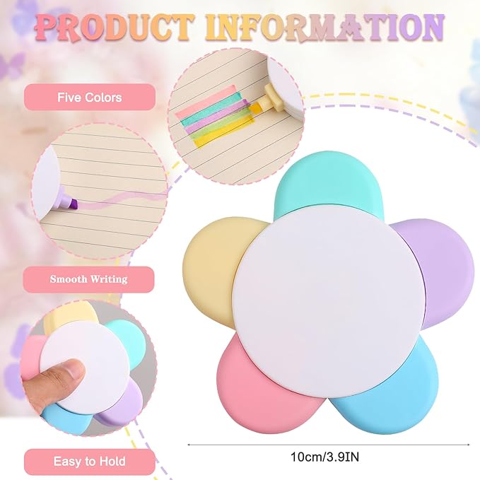 Leery Macaron Petals Highlighters,5-in-1 Flower Shape Watercolor Pen Set, Fluorescent Pastel Markers for Journaling, Note Taking, Office & School Aesthetic Supplies (5)