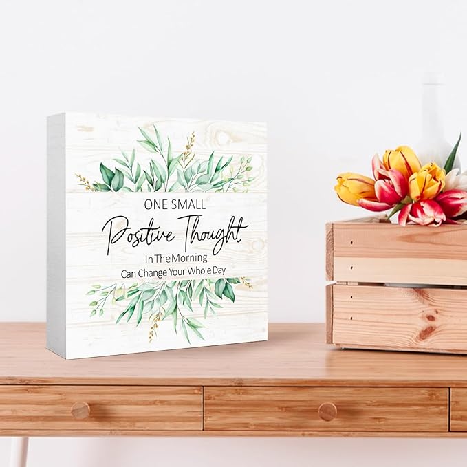 One Small Positive Thought Sign Wood Box,Inspirational Quote Wooden Block Sign for Home Office Tabletop Shelf Decor 5" x 5",Motivational Desk Decor Accessories for Women