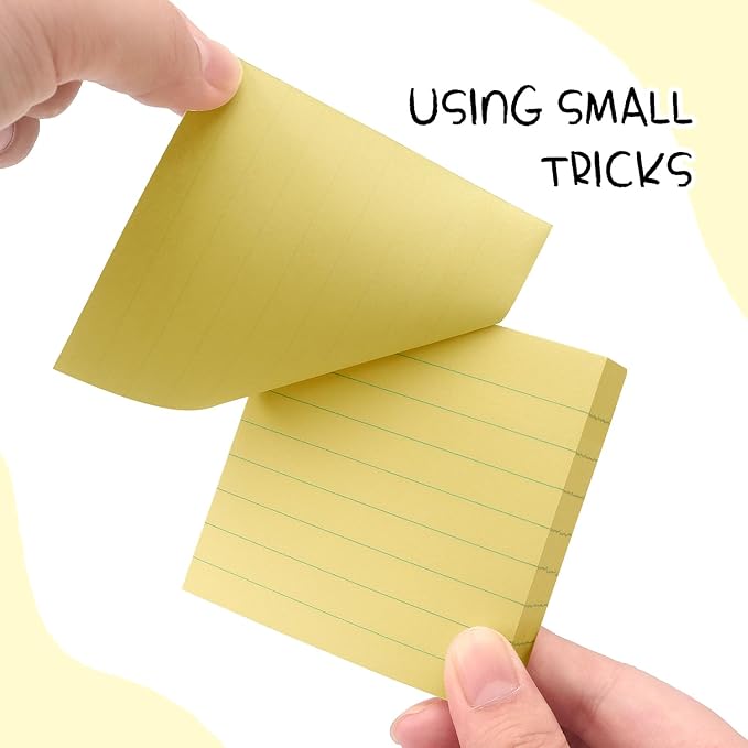 Lined Sticky Notes 3x3 Sticky Notes with Lines Self-Stick Notes Bright Color 4 Pads 90 Sheets/Pad (Yellow)