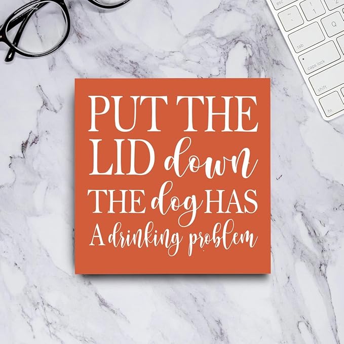 mmiishe Funny Home Decor for Bathroom, 'Put The Lid Down, The Dog Has A Drinking Problem' Sign, Rustic Wooden Decorative Sign, 5 x 5 Inches