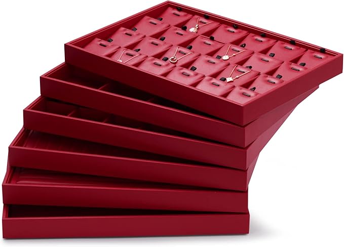 Oirlv Gorgeous Red Leather Jewelry Tray Necklace Bracelet Long Chain Storage Stackable Necklace Trays Jewelry Drawer Organizer