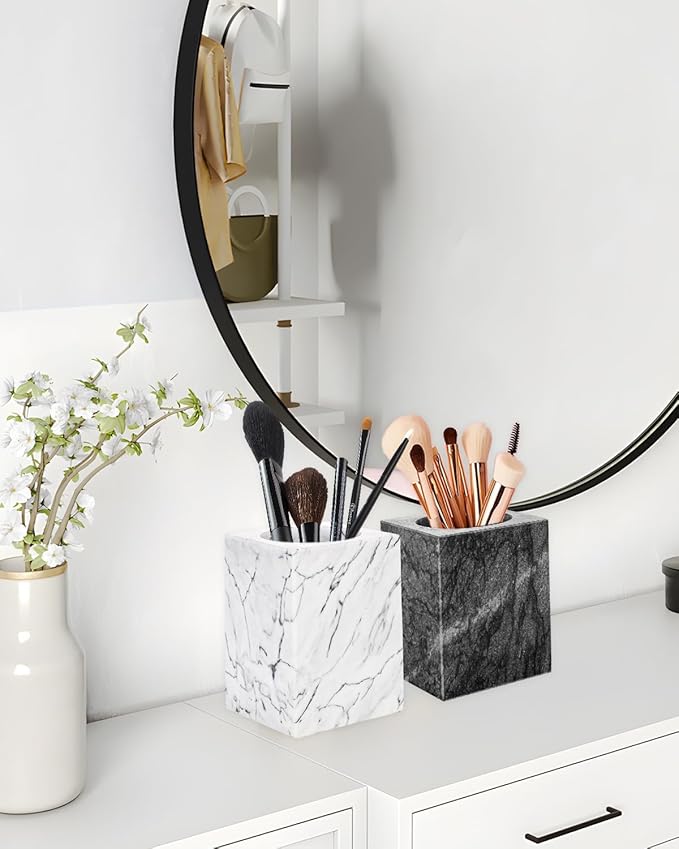 Marble Pencil Pen Holder for Desk, Multi-Functional Pen Cup Pencil Holder for Office School Supplies Storage, Makeup Brush Holder for Home and Office (Cuboid-White)