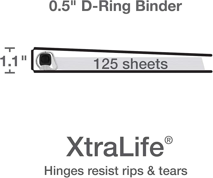Oxford 3 Ring Binders, 0.5 inch ONE-Touch Easy Open D Rings, Durable Binders for School and Office, View Binder Covers, Xtralife Hinge, Non-Stick, PVC-Free, Black, Holds 125 Sheets, 6 PK (79901)