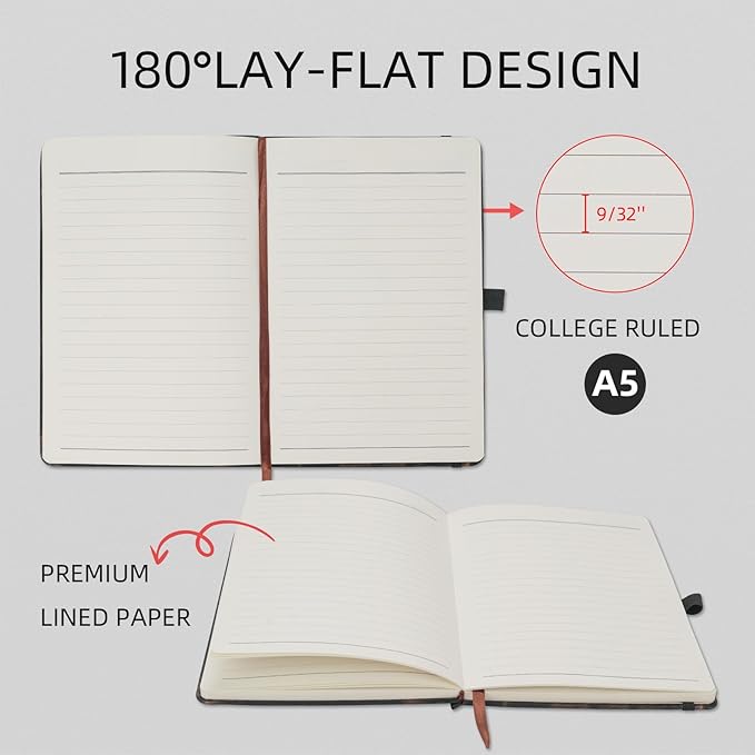 Lined Notebook Journal for Women Men 200 Pages A5 Hardcover Leather with Pen Holder College Ruled Journals for Work Note Taking Travel School (Lined, Black-B)