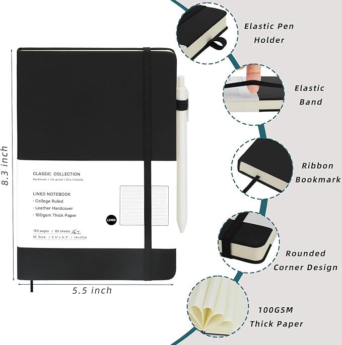 Coopay 24 Pack A5 Journal Notebook with 24 White Pens Bulk Classic Ruled Hardcover Leather Journal Set with Pen Holder for Men Women Writing Office Home School Business, 100GSM, 8.3” x 5.5” (Black)