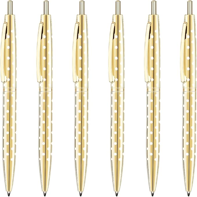 Unibene 6 Pack Cute Dot & Gold Click Ballpoint Pens -1.0mm Medium Point Black Ink with 6 Stainless Steel Refills for Business Office Students Teachers Wedding Christmas