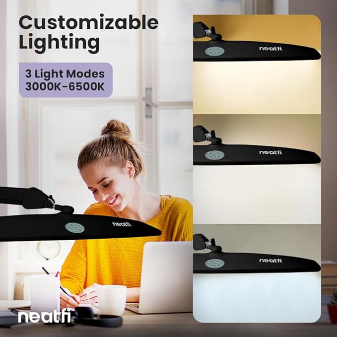 Neatfi Elite HD XL Task Lamp, 3 Adjustable Light Modes, 22 Inches Wide, 2260 Lumens, 84PCS SMD LED, Super Bright Desk Light, Non-Polar Dimming (CCT with Clamp, Black)