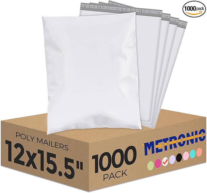 Metronic 1000PC Poly Mailers 12x15.5, Sturdy Shipping Bags for Small Business, Waterproof Mailers Poly Bags, Strong Adhesive Shipping Envelopes for Clothing, Efficient Mailing Envelopes in White
