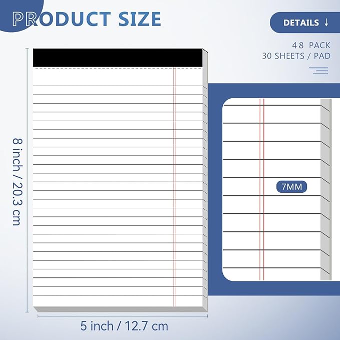5" x 8" Note Pads 48 Pack of Legal Pads 30 Sheets Notepad College Ruled Small Writing Pads Perforated Pages Paper Pads 80GSM Heavyweight Paper Note Pads for Home, Office, or School