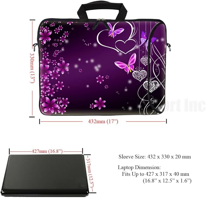 Meffort Inc 17 Inch Neoprene Laptop Bag with Extra Side Pocket, Soft Carrying Handle & Removable Shoulder Strap Fit 16" to 17.3" Size - Purple Heart Butterfly