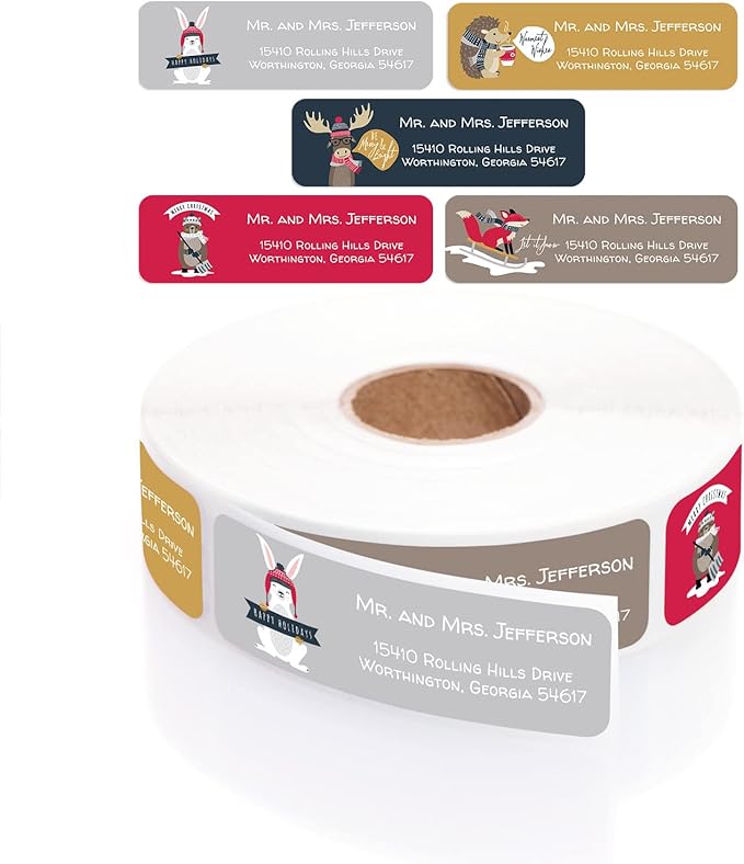 Woodland Holiday Animals Rolled Address Labels / 500 Personalized Return Address Labels/Designer Address Stickers in Elegant Plastic Dispenser