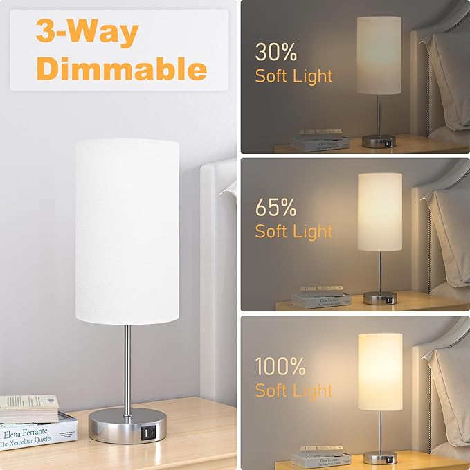 AKASUKI 18Inch Table Lamp with Dual Charging Station, 3 Way Dimmable Touch Lamp for Bedroom, Living Room, Office(LED Bulb Included)