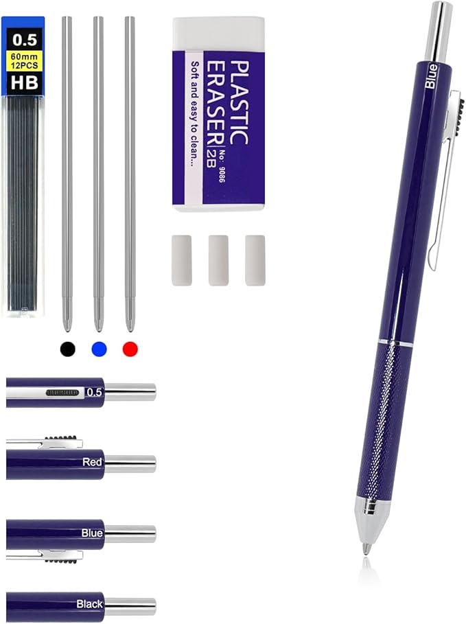4-in-1 Four-Color Multifunctional Pen, Black/Red/Blue Ballpoint Pen and 0.5mm Mechanical Pencil, Metal Case Pen, Great Gift for Friends, Loved Ones (Blue)