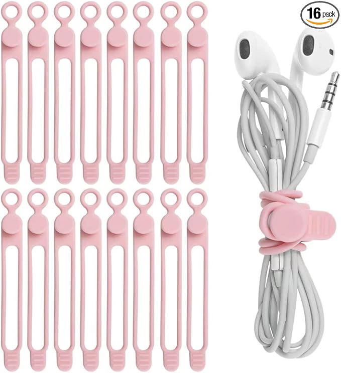 Nearockle 16Pcs Silicone Cable Straps Wire Organizer for Bundling Earphone, Phone Charger, Computer Cords, Reusable Cable Ties Cord Organizer in Home,Office,Kitchen,School(Pink)