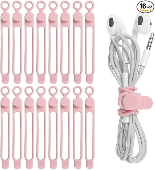 Nearockle 16Pcs Silicone Cable Straps Wire Organizer for Bundling Earphone, Phone Charger, Computer Cords, Reusable Cable Ties Cord Organizer in Home,Office,Kitchen,School(Pink)