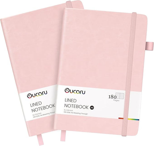 Oucaru Lined Journal Notebook, 2 Pack, 180 Pages, A5 Journals for Writing, 100 GSM Thick Paper, Small Notebooks Daily Journal for Women Men Work, Business, School, Travel Supplies