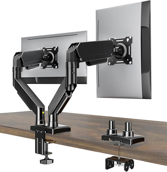 Dual Monitor Stand, Adjustable Monitor Desk Mount for 17″–32″ Computer Screens, Full Motion VESA 75x75/100x100 with C-Clamp & Grommet Aluminum Base, Each Arm Holds 4.4 to 20 lbs AX09DB201
