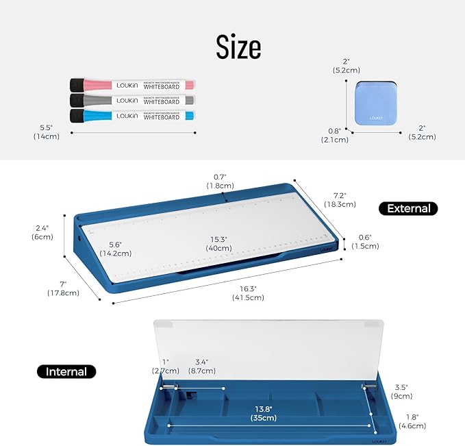 LOUKIN Glass Desktop Whiteboard, 15.3" x 5.6" Desktop Dry Erase Board with Dotted and Graduated Surface, Desktop Buddy, Great for Design and Drawing, 3 Markers and 1 Dry Erase Eraser Included (Blue)