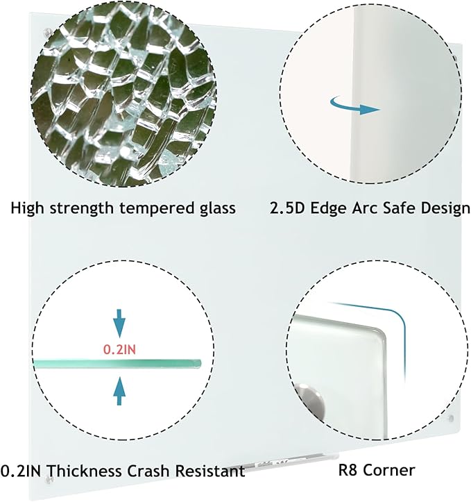 Magnetic Glass Dry Erase Board - White Board 48 x 36 Inches Wall Mounted Glass Whiteboard, Large Frameless Glass White Board for Wall Office, Home & School