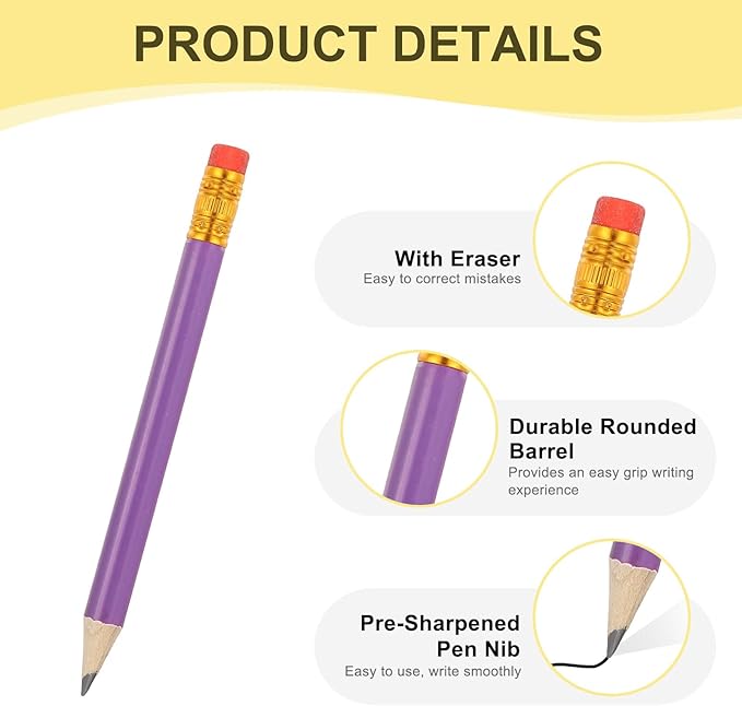 MECCANIXITY Golf Pencils with Erasers, 4" HB Mini Half Pencils Pre Sharpened Small Pens for Wedding Bridal Shower Game Office Writing Drawing(Purple, Pack of 20)