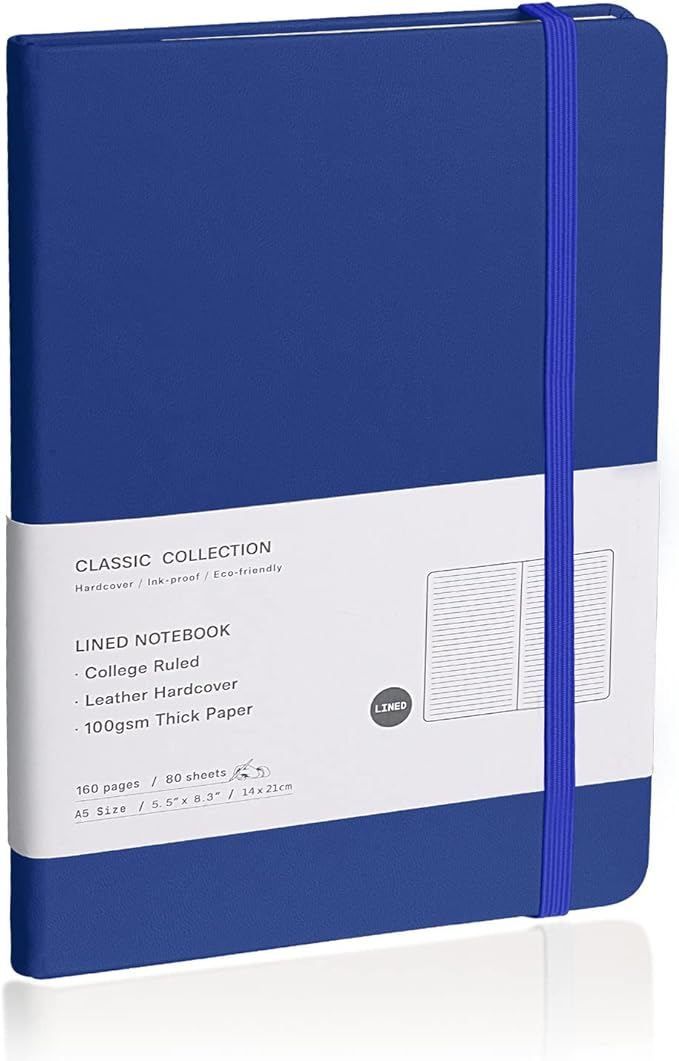 Lined Journal Notebook, (Blue), 160 Pages, Medium 5.7 inches x 8 inches - 100 gsm Thick Paper, Hardcover
