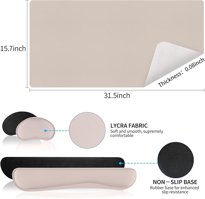 Mouse Pad and Keyboard Wrist Rest, Large Keyboard and Mouse Pad Set, Ergonomic Mousepad with Wrist Rest, Non-Slip Desk Mat Protector for Office, Home (31.5×15.7 Inches, Cream Powder)