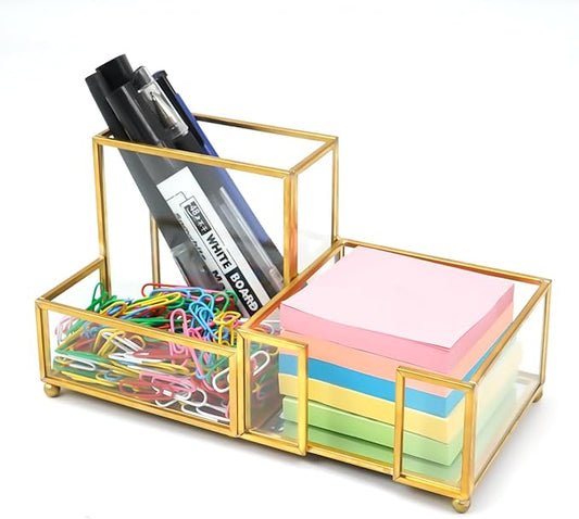 Desk Organizer with 3-Compartments,Glass Small Desk Organizer for Pens Pencils Business Cards Sticky Notes Paper Clips,Gold Stylish Pen Holder for Desk Home Office Decor